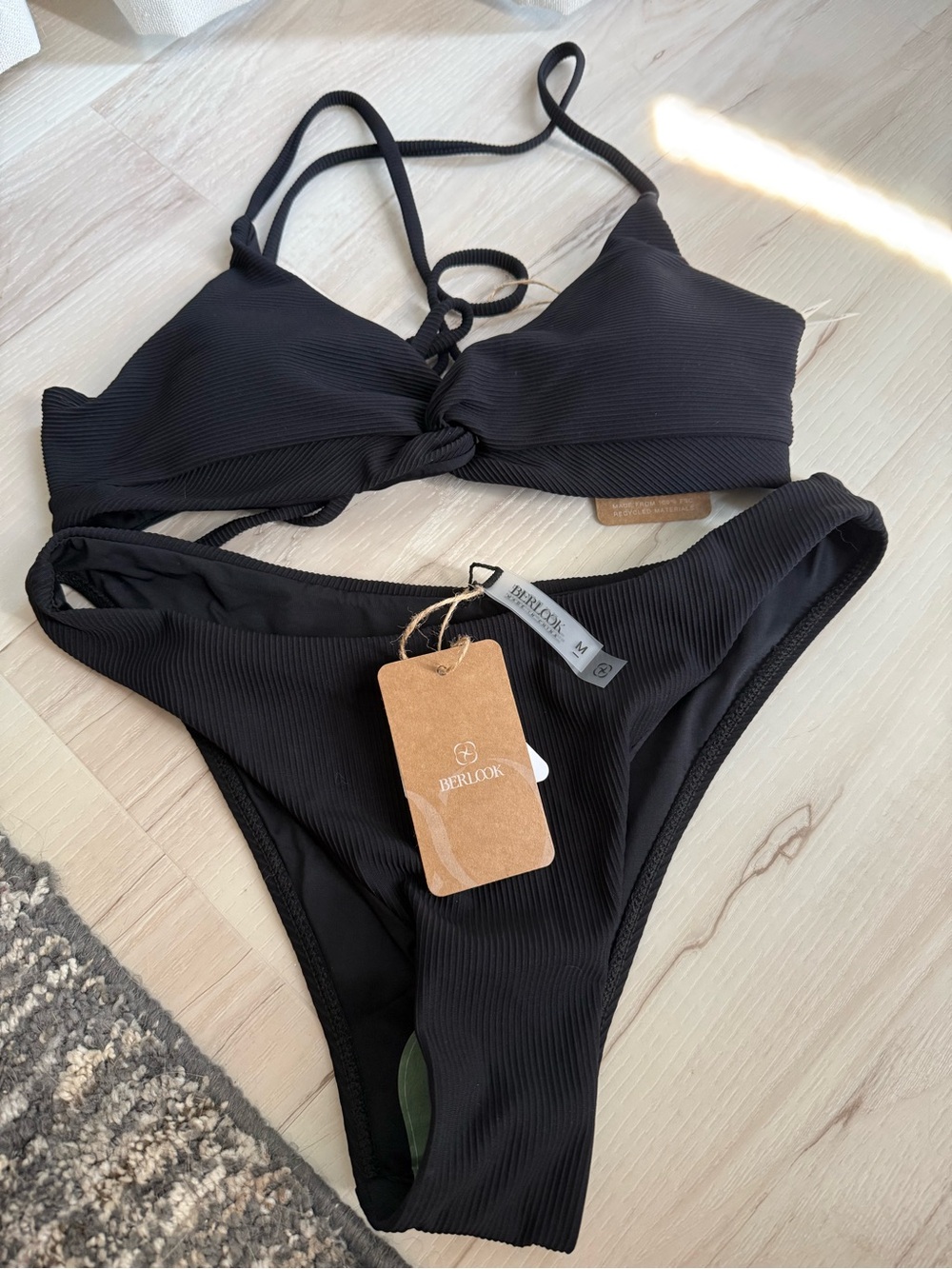 Berkook Black Ribbed Tie-Front Bikini Set - Women Swim